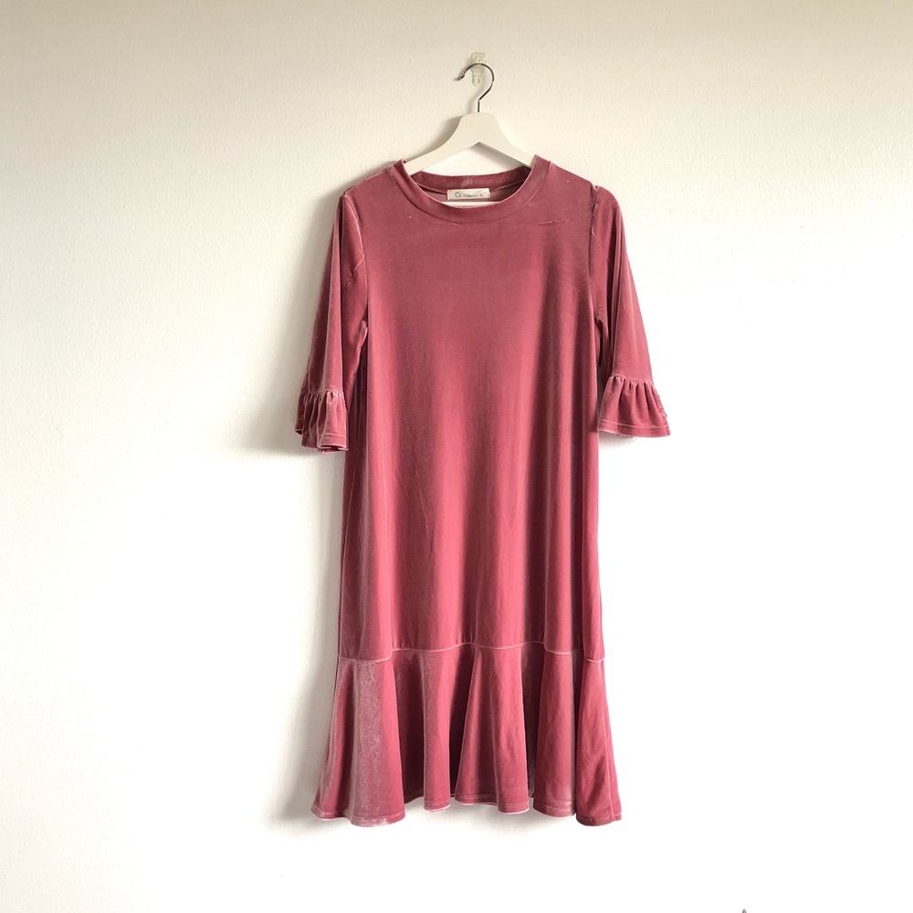 O2 Collection Pink Velour Flounce Hem Midi Dress Size Small